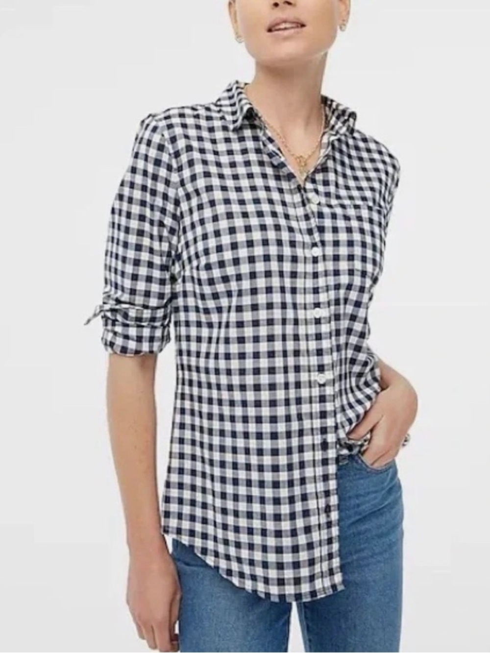 J. Crew - Button Down Crinkle Boy Shirt in Black White Check Gingham